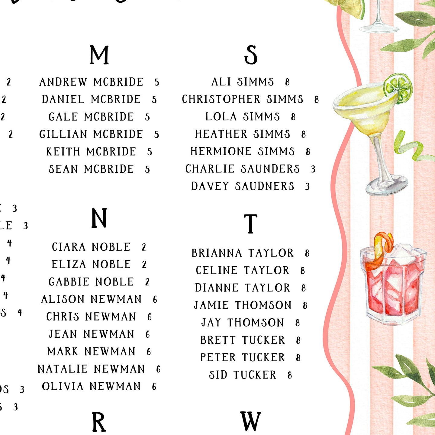 Cocktail themed wedding table plan with custom illustrations